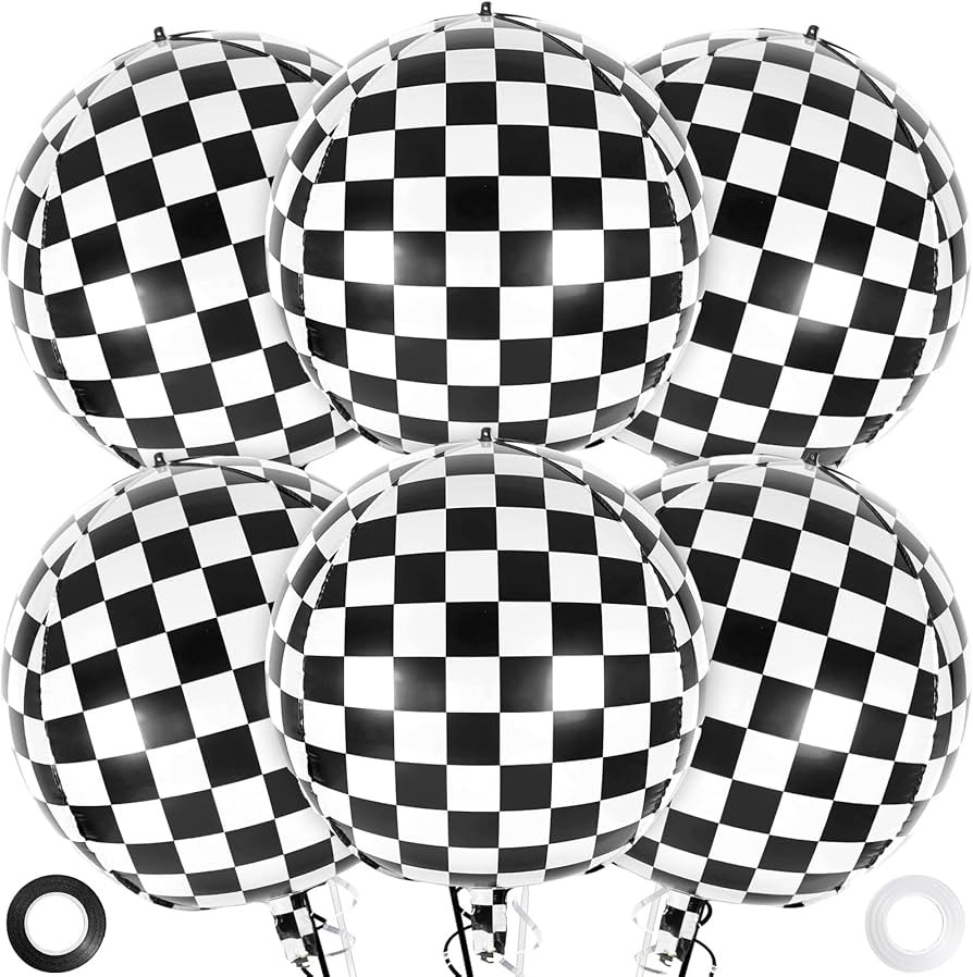Checkered Balloons, 22 Inch Checkered Round Foil Balloons, 6 Pcs Black and White Checkerboard Myl... | Amazon (US)