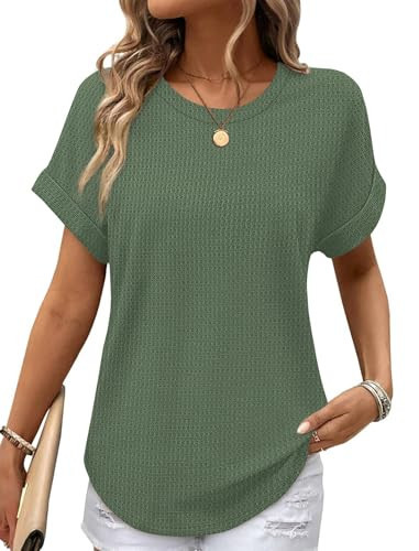 Womens Clothes Trendy Summer Short Sleeve Tops Dressy Spring Outfits for Women Fashion Clothing Oversized Sweaters Waffle Knit Green XXL | Amazon (US)