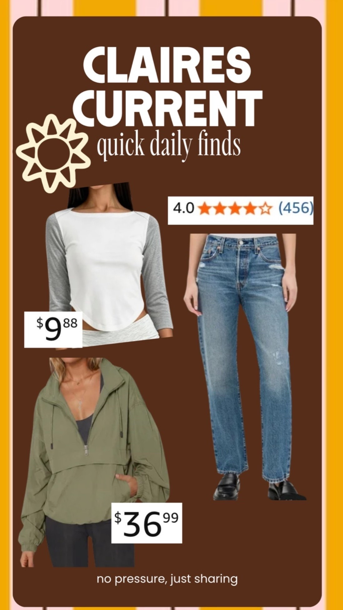 Claire's Current ☀️ quick daily finds, no pressure, just sharing. The $9.88 raglan tee is giving that 90s baseball-tee look for under ten bucks. The $36.99 half-zip anorak is the easiest layer for beach walks when the wind picks up. The straight-leg jeans have 4 stars and 450+ reviews, so they're a safe bet if you've been hunting for a good vintage wash. #ltkunder50 #affordablefashion #fallfinds