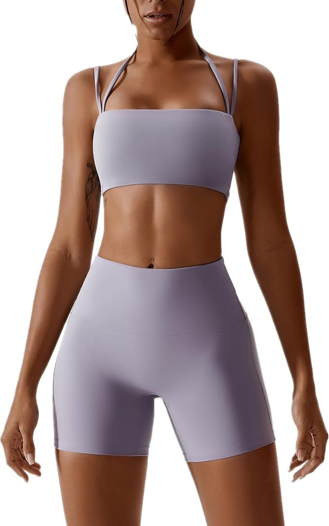 ABOCIW Workout Sets for Women 2 Piece Twist Front Halter Sports Bras High Waist Biker Shorts Exer... | Amazon (US)