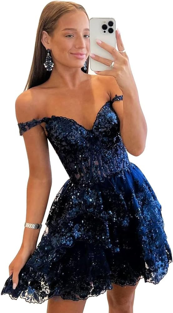 Sparkly Sequin Homecoming Dresses for Teens Off Shoulder Short Prom Dress 2024 Tiered Lace Cockta... | Amazon (US)