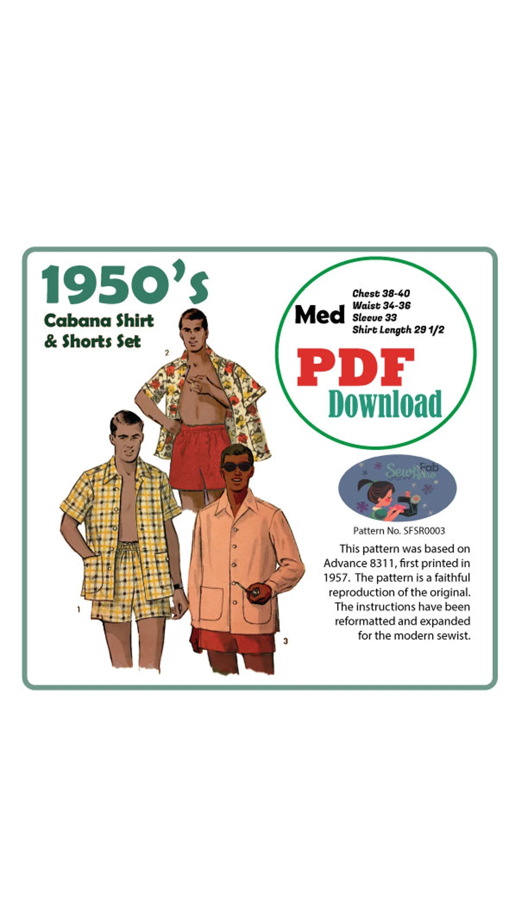 PDF Download 1950's Szm Cabana Shirt and Shorts Set Sewing Pattern 38-40 - Etsy | Etsy (US)
