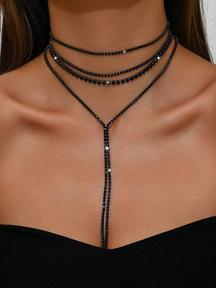 1set Fashionable Multi-Layer Tassel Necklace With Black Rhinestone, Suitable For Halloween & Dail... | SHEIN