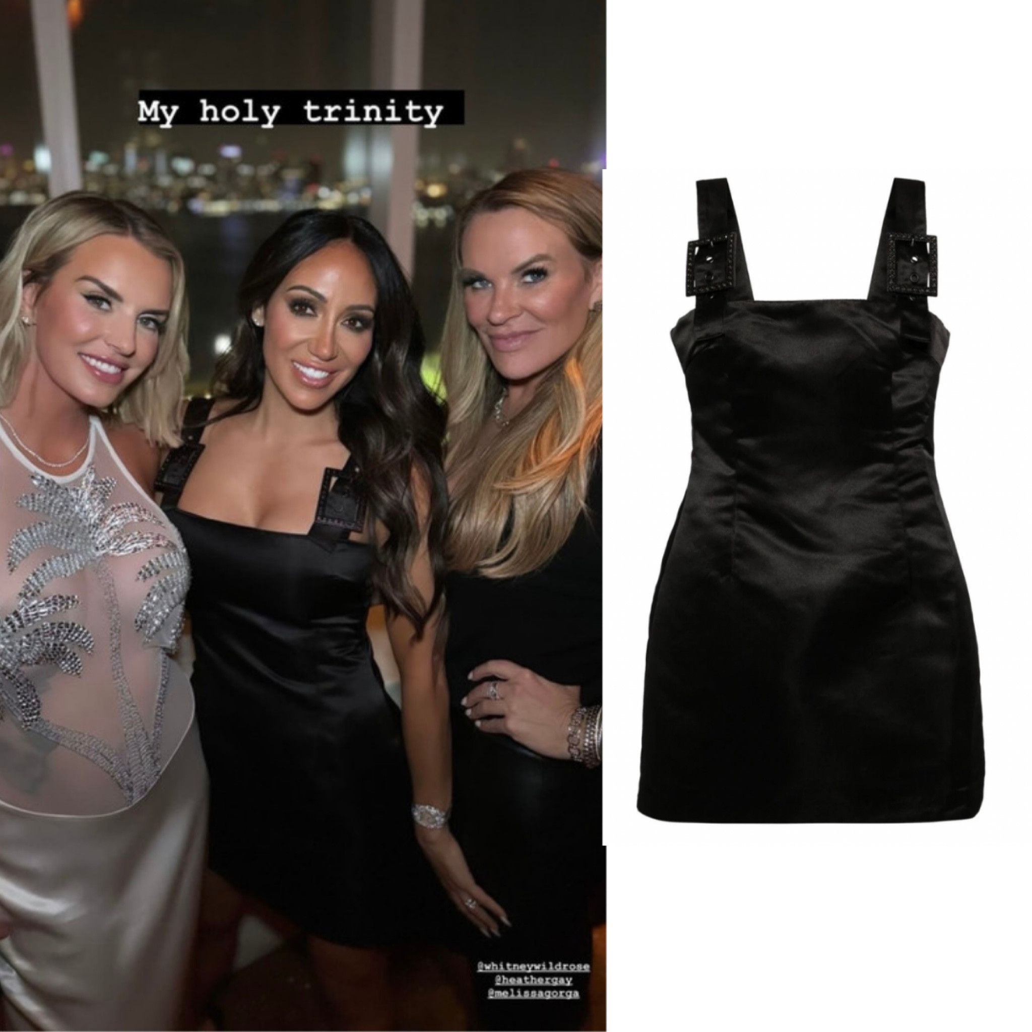 Melissa Gorga’s Black Satin Buckle Dress is from EnvybyMG.com