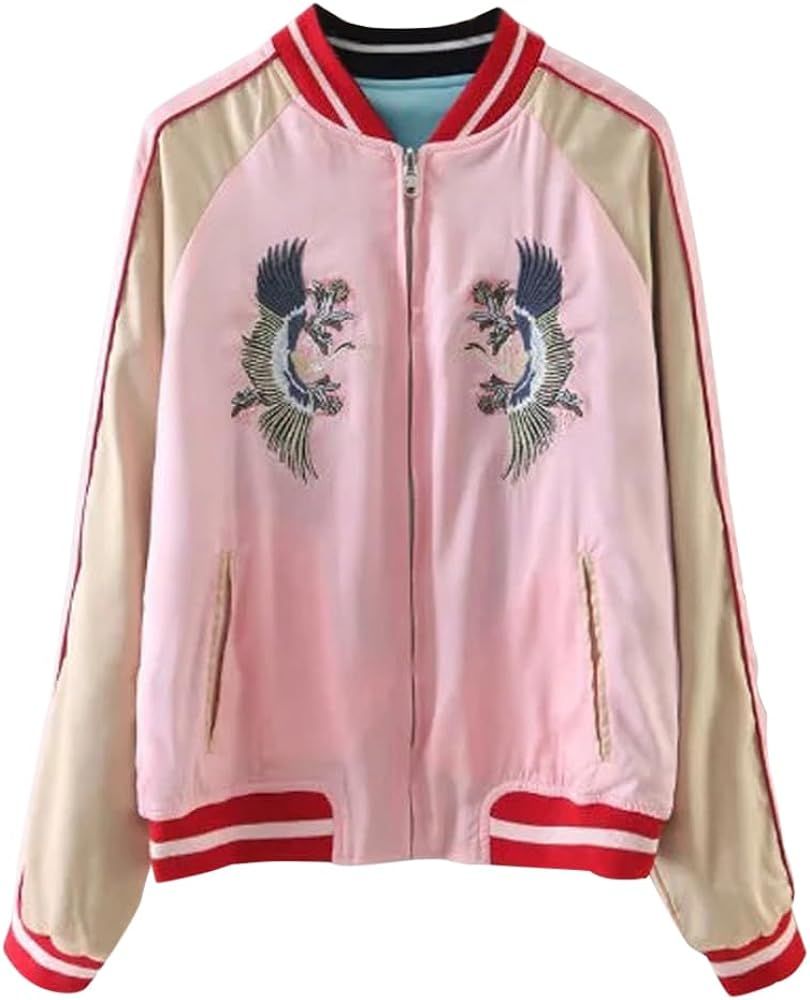 Viport Women's Reversible Crane Tiger Fujiyama Embroidery Bomber Jacket Japanese Style Pink Blue | Amazon (US)