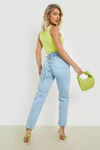 Laced Up Back High Waist Mom Jeans | Boohoo.com (US & CA)