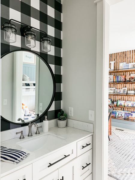 Boys room bedroom design bathroom vanity Buffalo Farmhouse plaid check peel and stick wall paper faucet cabinet bar pulls rugs round mirror vanity lighting wall sconce target wayfair 

#LTKkids #LTKFind #LTKhome