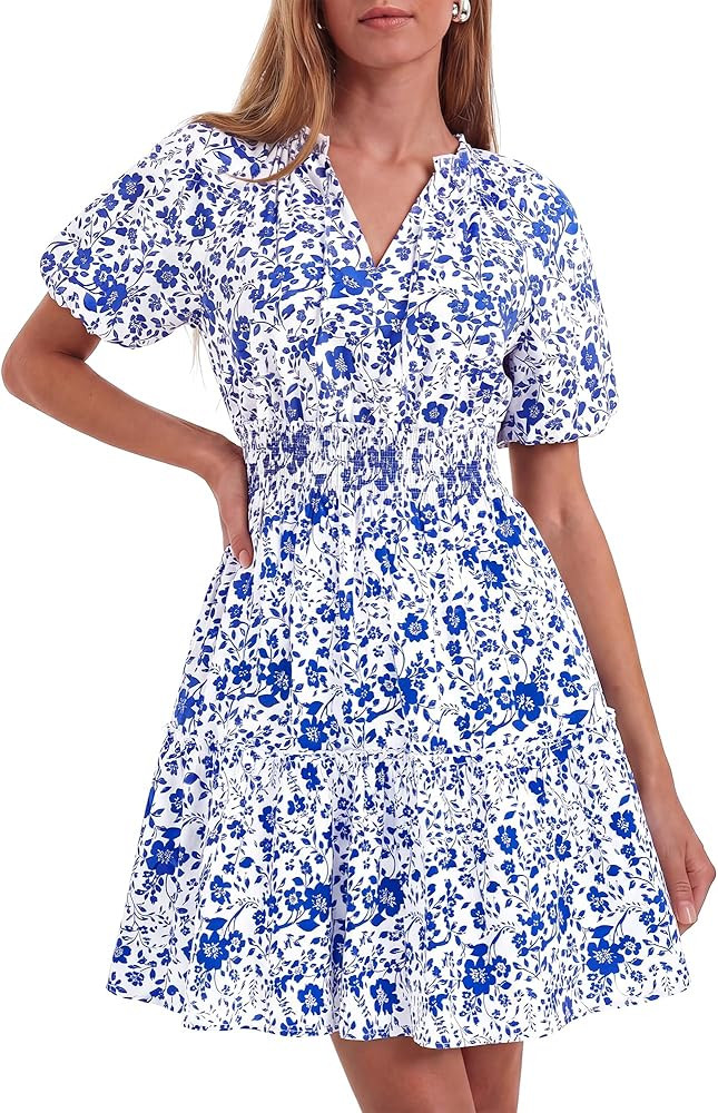 BTFBM Summer Dresses for Women 2026 Ruffle Short Sleeve Elastic Waist Tiered Floral Mini Dress Be... | Amazon (US)