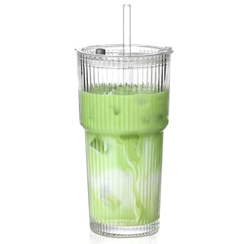 MINGHYZYA 20 oz Glass Tumblers, Iced Coffee Cups with Lids and Glass Straws, Thickened Wall Ribbed Glass Cups, Ideal for Smoothies, Cocktails, and Juices – Vintage and Durable Drinkware – 1 Pack | Amazon (US)