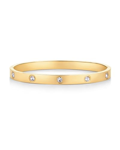 PAVOI Waterproof Bracelet for Women - 14K Yellow Gold Plated Bangle with Cubic Zirconia - Stainless Steel Hinge Bracelet Jewelry Gifts - 6.5" | Amazon (US)