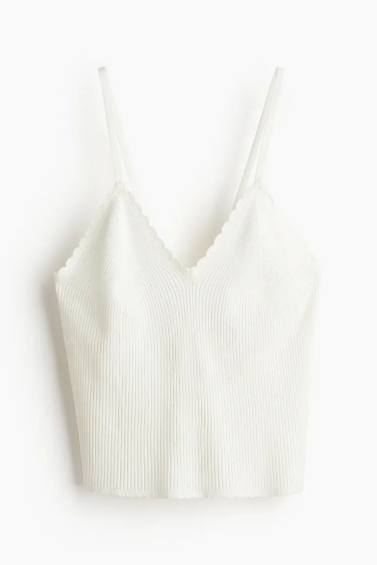Scalloped-edge Rib-knit Sleeveless Top - Cream - Ladies | H&M US | H&M (US + CA)
