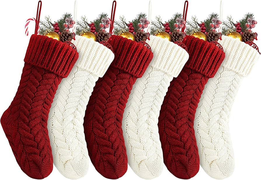 Fesciory 18 Inches Christmas Stockings Bulk, 6 Pack Large Size Cable Knitted Fireplace Hanging St... | Amazon (US)