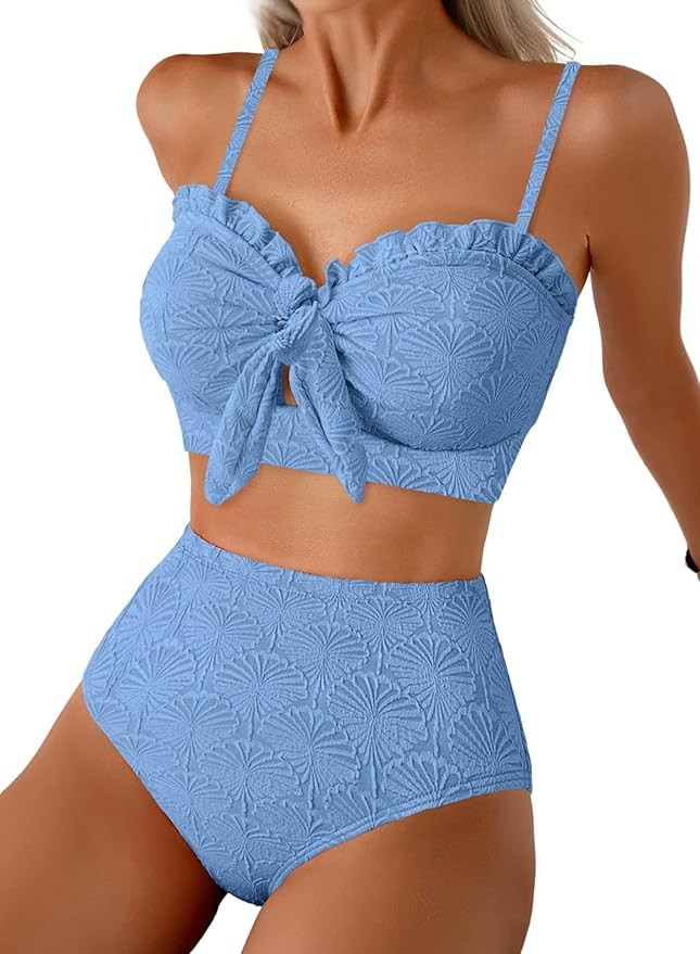 Women's Seashell Textured Bikini Sets Knotted Front 2 Piece Swimsuits Ruffle Trim Bathing Suits | Amazon (US)