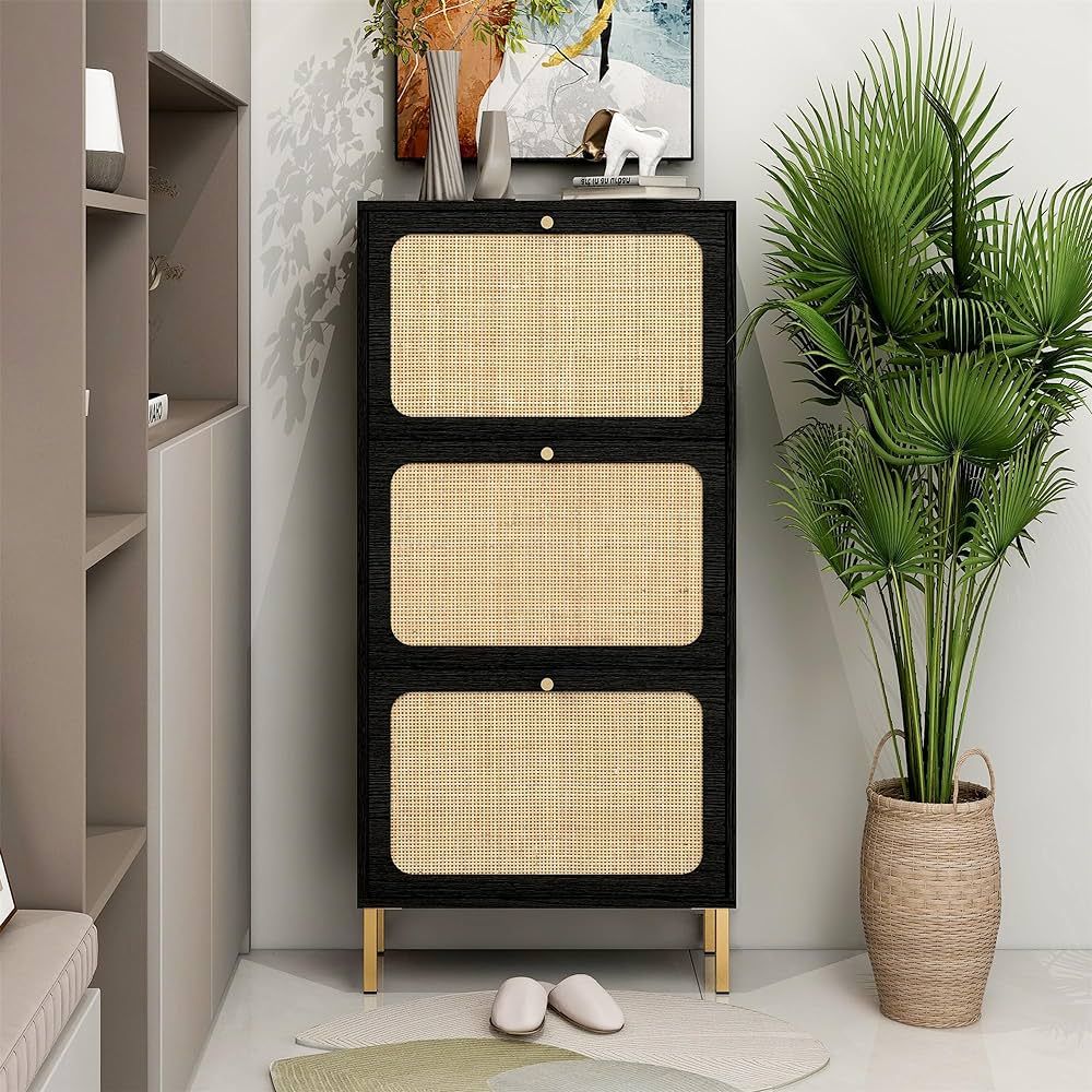 ZeHuoGe Natural Rattan Shoe Cabinet with 3 Flip Drawers, Black Narrow Shoe Rack Storage Cabinet w... | Amazon (US)