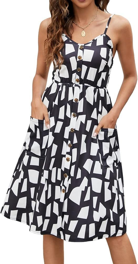 Halife Womens Summer Dresses Casual Spaghetti Strap Floral Button Down Swing Midi Dress with Pock... | Amazon (US)