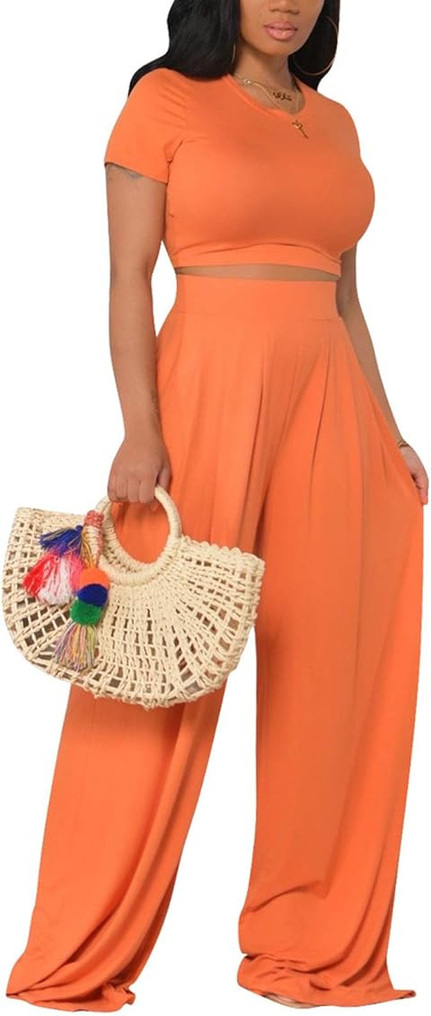 Women’s Sexy 2 Piece Outfits Short Sleeve Crop Top High Waist Wide Leg Pants Sets Jumpsuits Rompers | Amazon (US)
