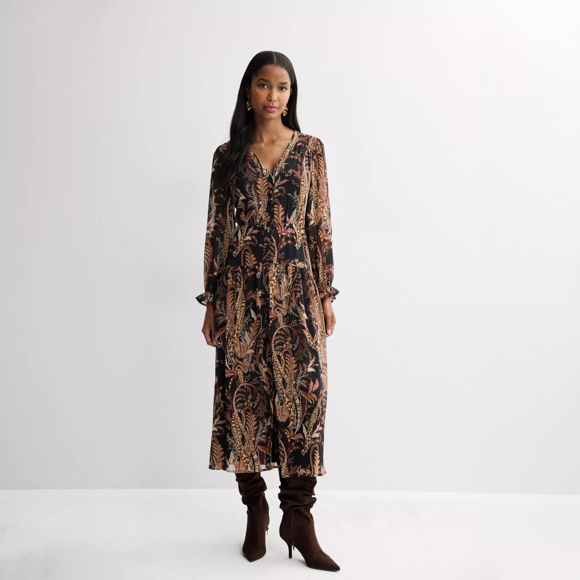 Women's Nine West Long Sleeve Button Front Maxi Dress, Size: XXL, Black Jana Chintz | Kohl's