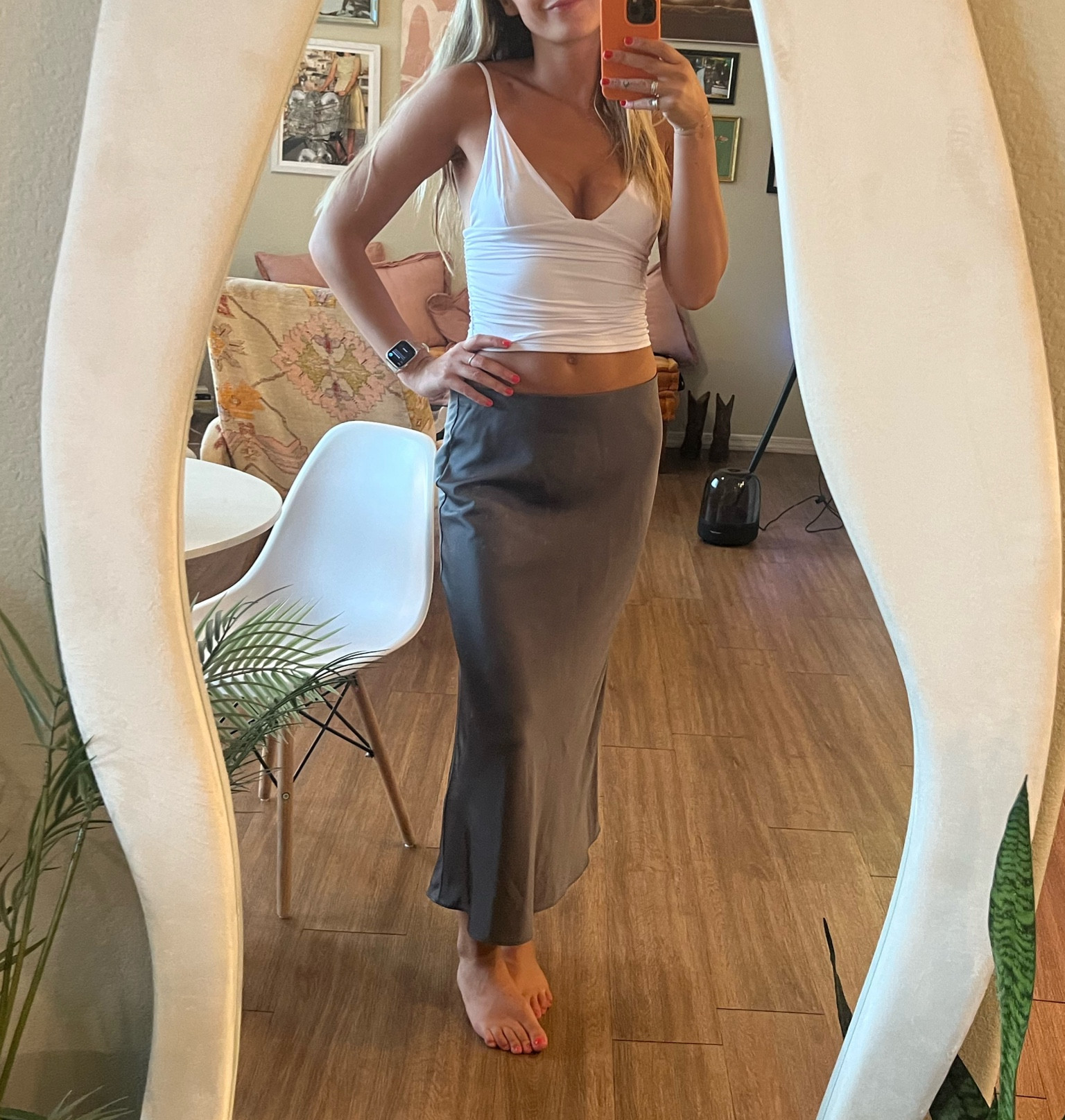 Summer outfits, fall outfits, 90s, basic wardrobe, staple wardrobe, casual, business chic, satin skirt, white crop tank 