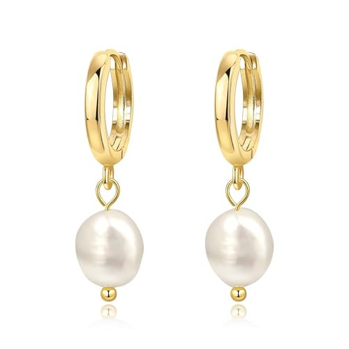 14K Gold Pearl Drop Earrings for Women Dangling Baroque Freshwater Small Gold Huggie Pearl Hoop Earrings Real Pearl Dangle Earrings for Women Wedding Beach Jewelry Gift | Amazon (US)