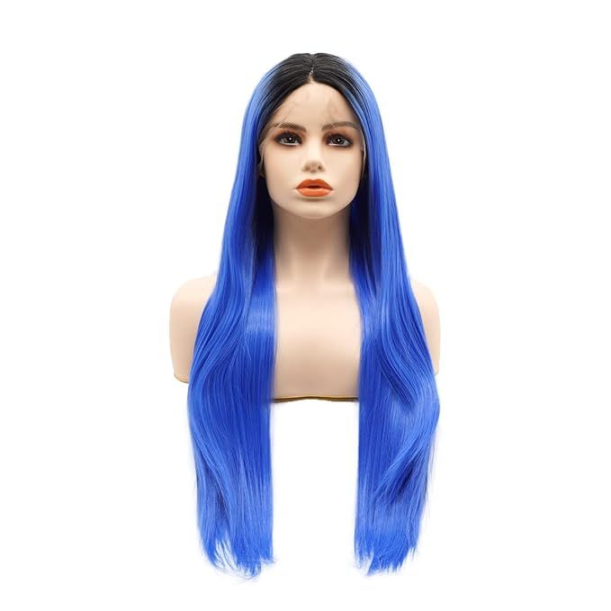 LUSHY BEAUTY Hair Synthetic Lace Front Wig Straight Long 24inch Dark Root Blue Heavy Density Heat... | Amazon (US)