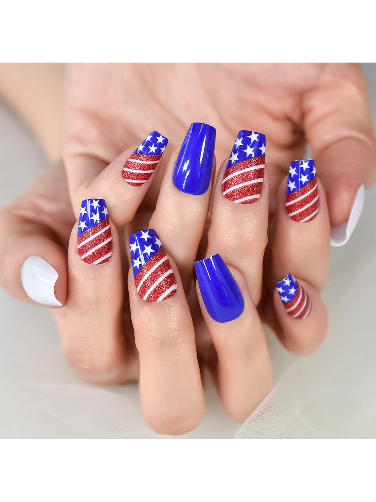 Upgrade Your Look With 24pcs Long Coffin Star & Stripe Print Full Cover Fake Nail Kit | SHEIN