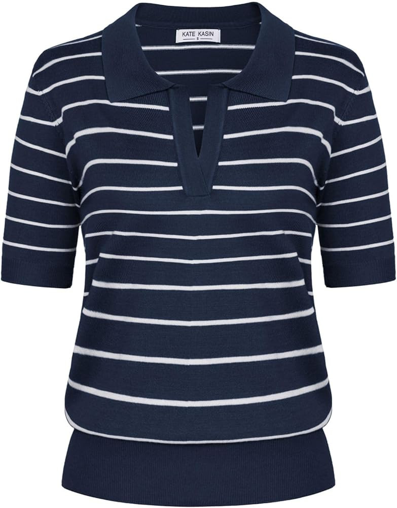 Kate Kasin Women Short Sleeve Polo Sweater V Neck Knitted Tops Casual Ribbed Shirt Loose Pullover... | Amazon (US)