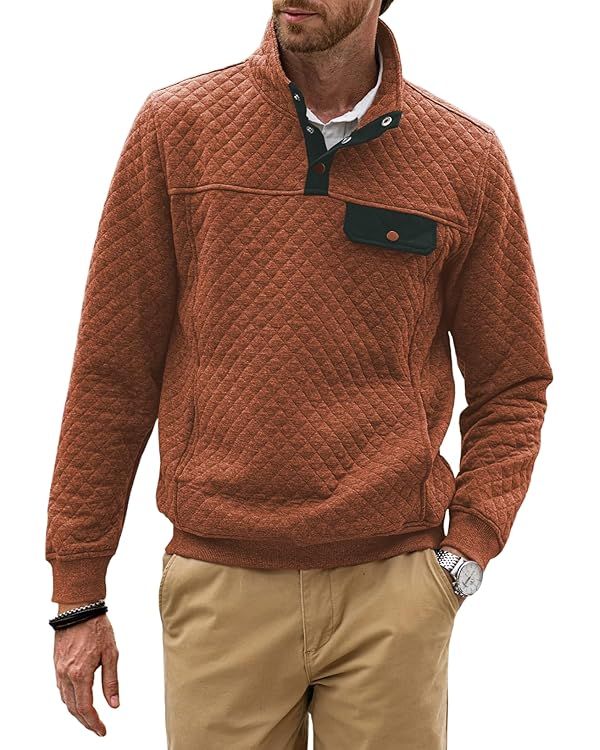 JMIERR Men's Quilted Sweatshirt Casual Long Sleeve Outdoor Stand Collar Button Pullover Sweatshir... | Amazon (US)