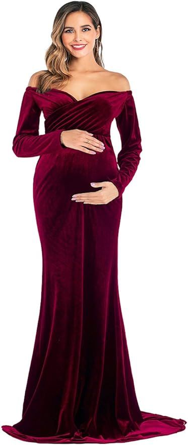 OQC Velvet Maternity Off Shoulder Long Sleeve Fitted Gown Half Circle Maxi Photography Dress for ... | Amazon (US)