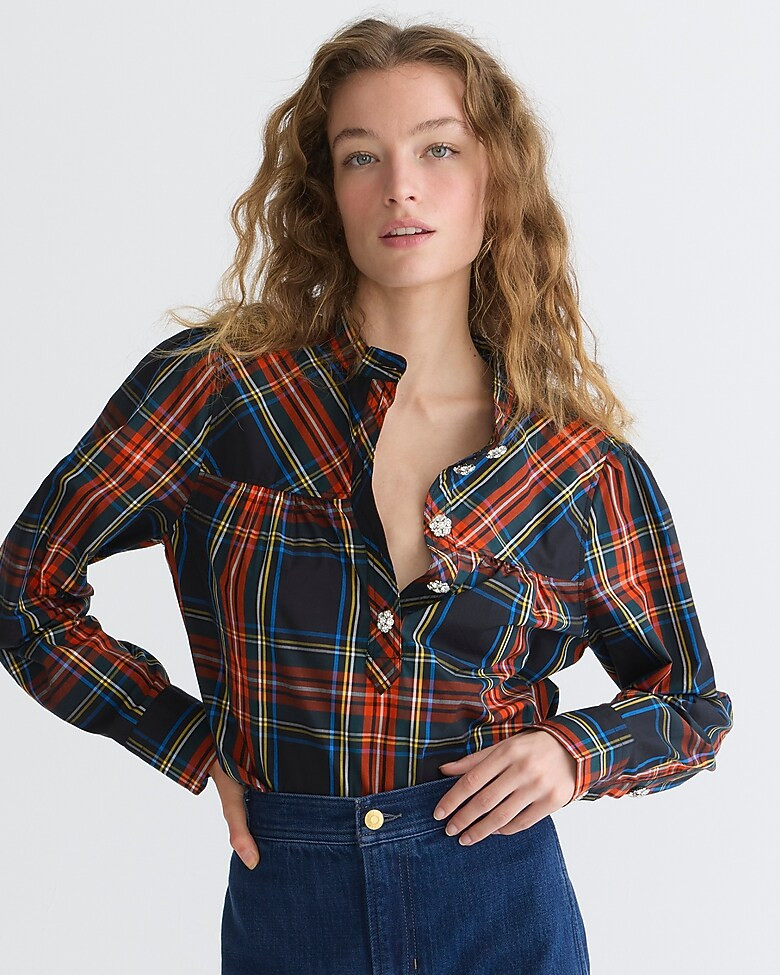Fresco top with jewel buttons in Stewart tartan | J. Crew US