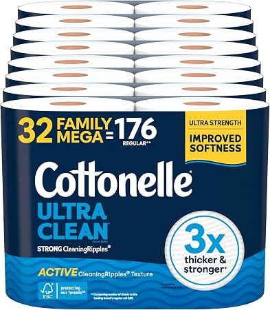 Cottonelle Ultra Clean Toilet Paper with Active CleaningRipples Texture, Strong Bath Tissue, 32 F... | Amazon (US)