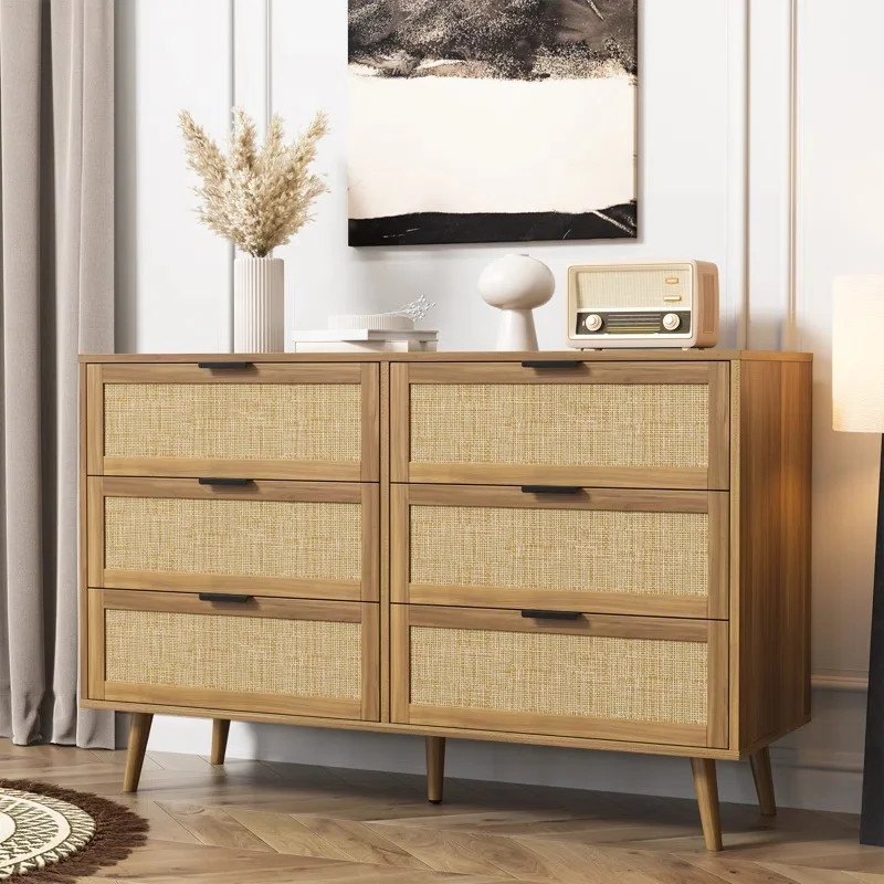 46" Wide Boho Dresser Chest, Mid Century Modern 6 Drawers Dresser Chest For Adult and Kids | Walmart (US)
