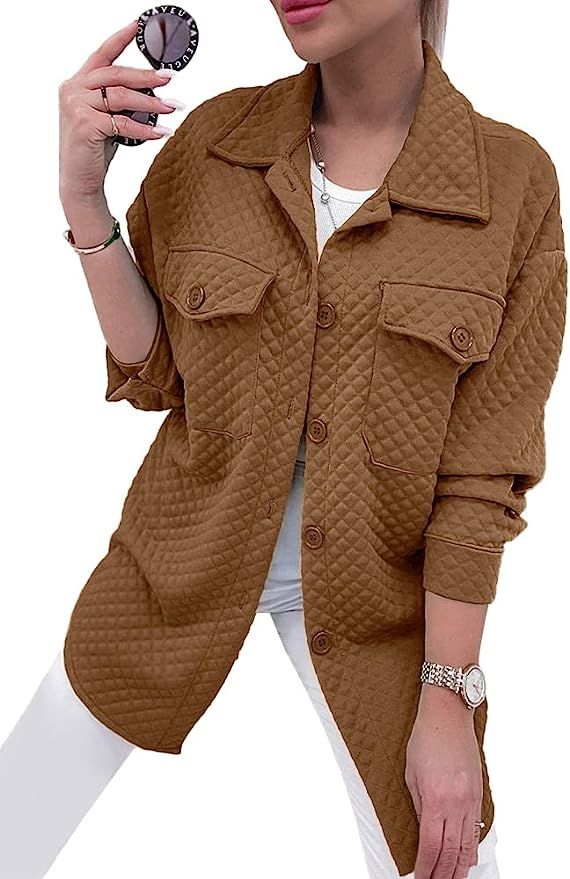 Amazon.com: PRETTYGARDEN Women's 2022 Quilted Jackets Lapel Coat Outerwear Casual Long Sleeve But... | Amazon (US)