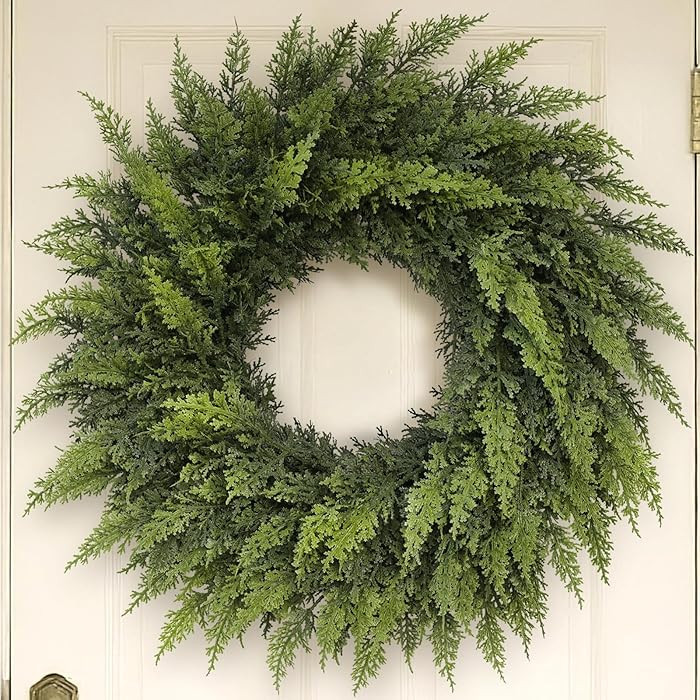 24" Real Touch Christmas Cedar Wreath - Artificial Cedar Wreaths Faux Green Fake Pine Needles Wre... | Amazon (US)