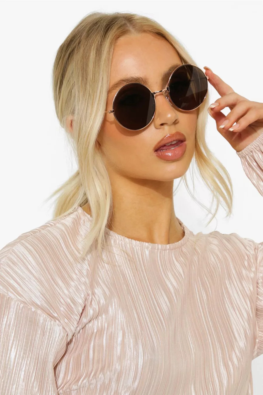 Gold Round Frame Brown Tinted Sunglasses | Boohoo.com (UK & IE)
