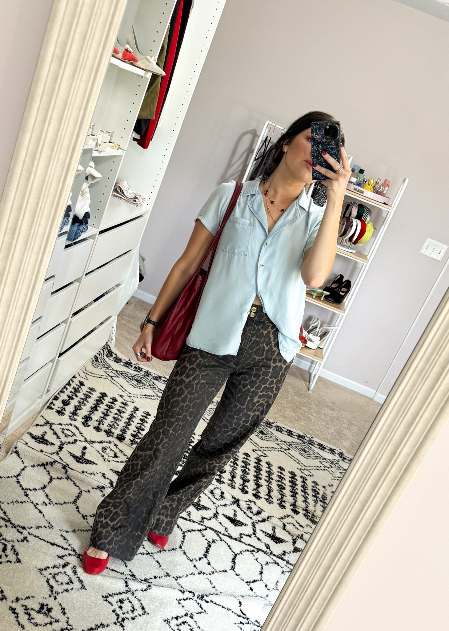 Leopard wide leg jeans + short sleeve chambray button down. Red Mary Jane flats are old but the Greta flat from Madewell is amazing and would be a great option (I have it in a different color and it’s one of my favorite pairs of flats that I own) 

#LTKootd #LTKgrwm