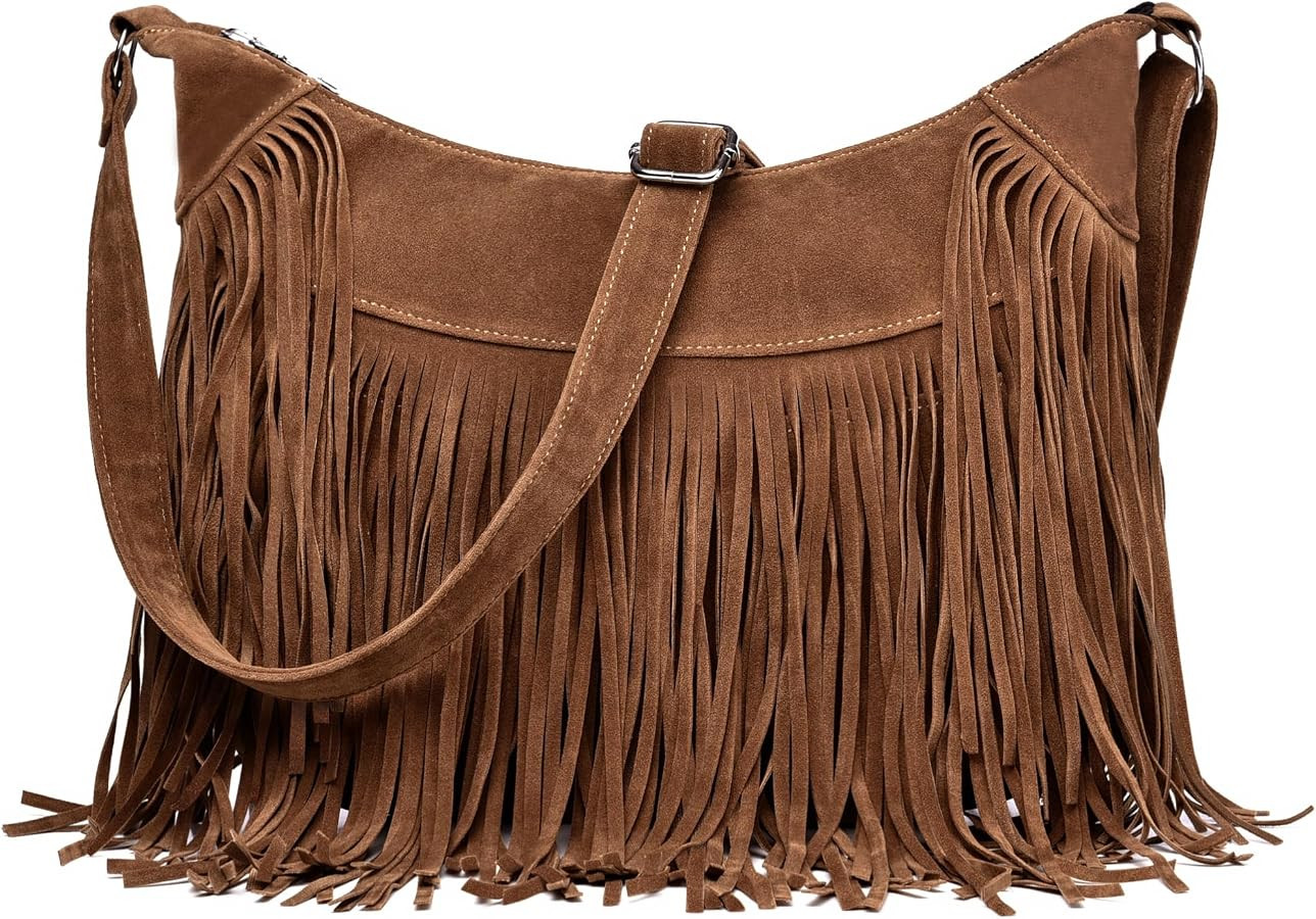 Fringe Hobo Bags for Women, Vintage Western Suede Crossbody Shoulder Purse | Amazon (US)