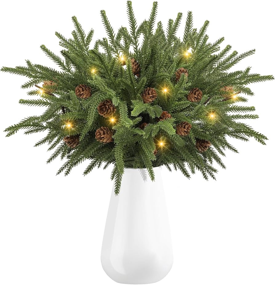 Dapclca Christmas Norfolk Pine Branches with Warm Light, Artificial Xmas Greenery Leaves Stems an... | Amazon (US)