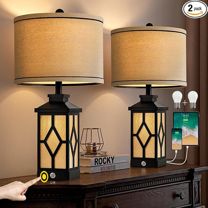 23.5" Touch Table Lamps Set of 2 Farmhouse Bedside Lamps with USB A+C Charging Ports 3-Way Dimmab... | Amazon (US)