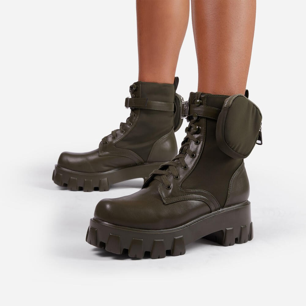 Flame Pocket Detail Lace Up Chunky Sole Ankle Biker Boot In Khaki Green Faux Leather | EGO Shoes (US & Canada)