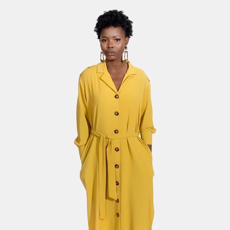 SOHUMAN Winnie Yellow Maxi Dress With Belt and Buttons - Yellow - XL | Verishop