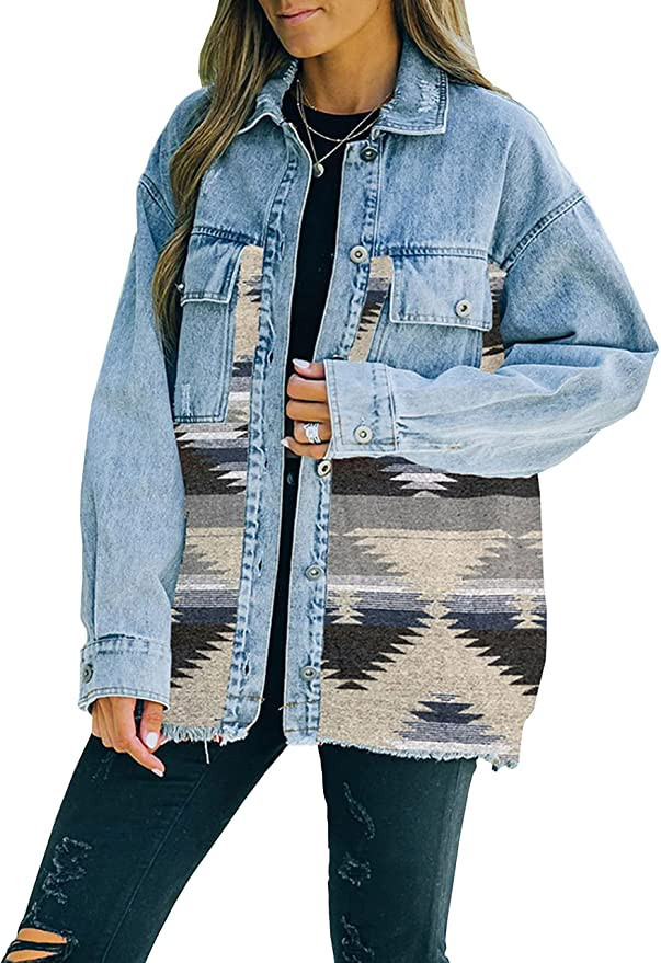 Lumister Women's Aztec Denim Jacket Distressed Lapel Long Sleeve Vintage Button Down Denim Jacket... | Amazon (US)