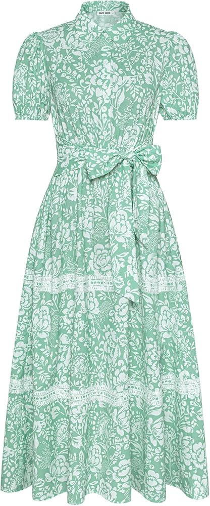 GRACE KARIN Women's 2025 Summer Floral Flowy Dresses Boho Tie Belt Short Puff Sleeve A Line Maxi ... | Amazon (US)