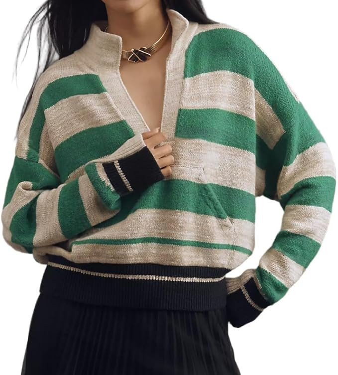 VAOYIU Women's Striped Knit Pullover Sweater Oversized V Neck Long Sleeve Top with Ribbed Hem and... | Amazon (US)