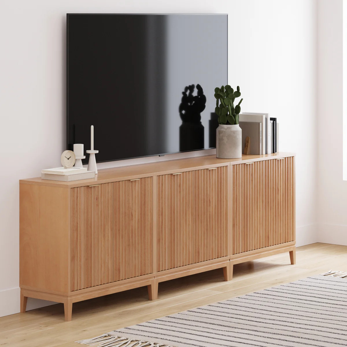 Mid-Century Fluted TV Console Credenza Warm Pine (Set of 3) | Nathan James