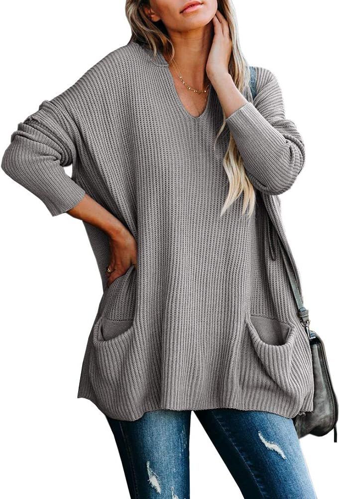 Saodimallsu Womens Hooded Oversized Sweaters V Neck Batwing Long Sleeve Slouchy Loose Knit Pullov... | Amazon (US)