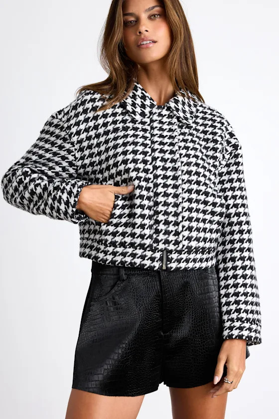 Bexlee Black and White Houndstooth Cropped Bomber Jacket | Lulus