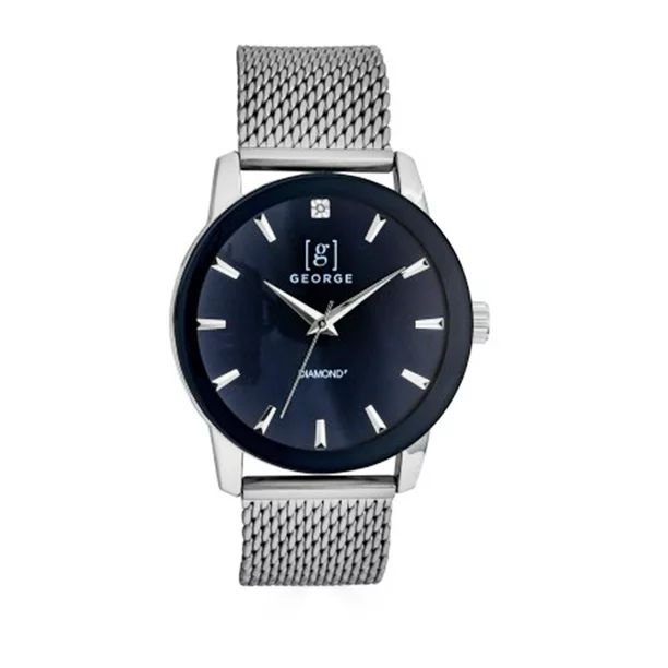 George 42mm Men's Silver Tone Genuine Diamond Blue Dial Mesh Band Watch | Walmart (US)