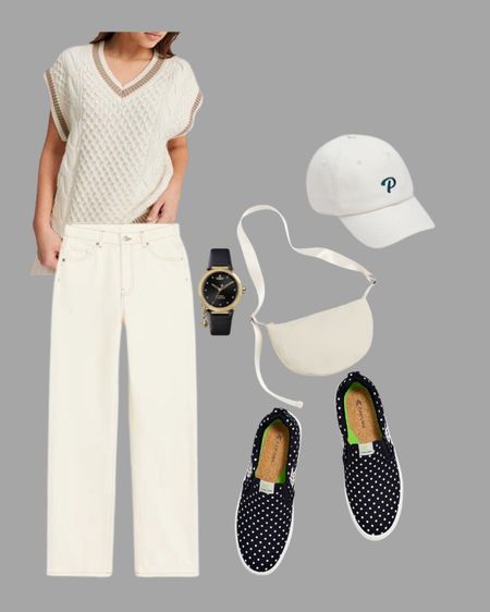Cute school fit for teens. Back-to-school outfit ideas with white-off fit of knit vest and matching straight jeans.