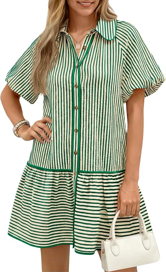 Wenrine Womens Summer Button Down Shirt Dress Casual Striped Puff Short Sleeve Collared Loose Min... | Amazon (US)