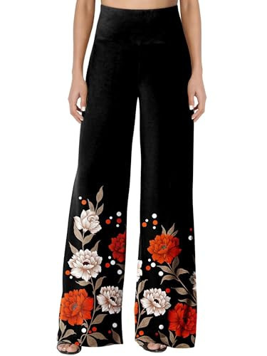 JZC Women's Palazzo Lounge Pants Stretchy Wide Leg Casual Pants Comfy High Waist Flowy Trousers Floral Print 2XL | Amazon (US)
